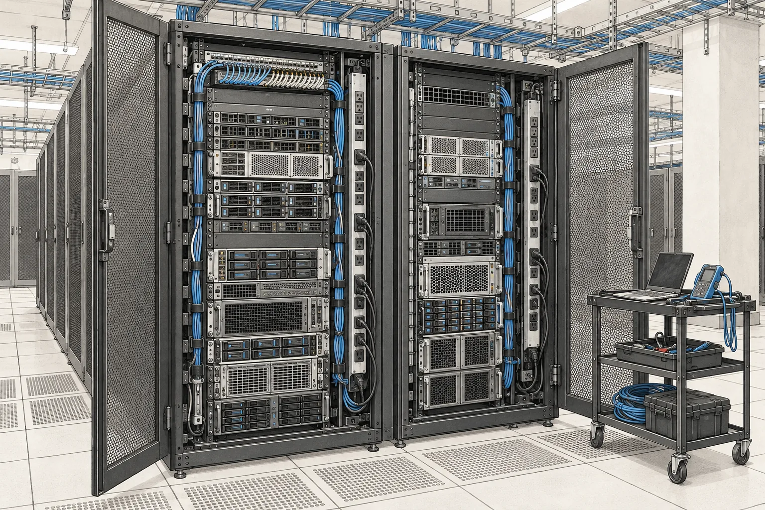 Illustrated data centre with server cabinets and fibre cabling