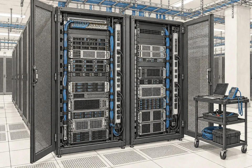 Conceptual illustration of cabinets, cabling and a maintenance cart, not a real facility photo