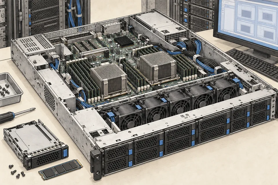 Illustrated open server chassis, memory and storage components