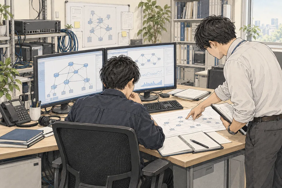 Illustrated engineers reviewing network diagrams and a runbook, not a team photo