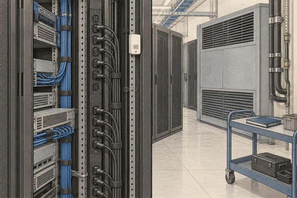 Conceptual facility illustration of rack power distribution, an environmental sensor and cooling equipment