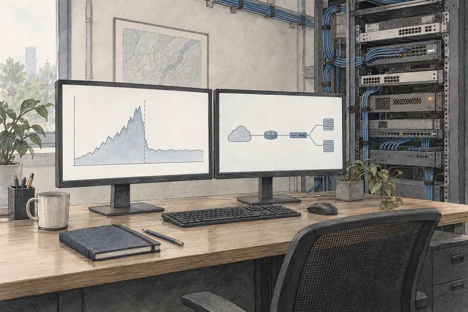 Illustrated traffic investigation and mitigation workbench, not a live monitor