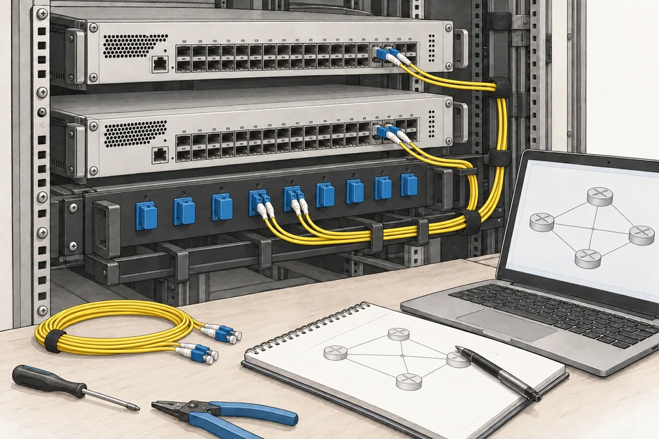Illustrated rack-mounted switches, duplex LC fibre patching and a network engineering workbench