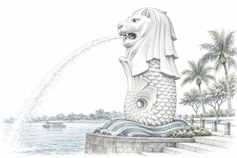 新加坡魚尾獅與海灣步道的地標細節插畫。