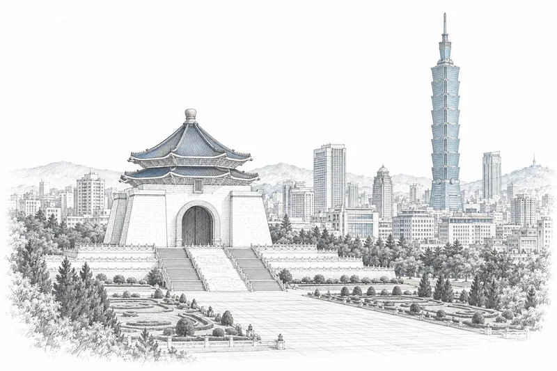 台北城市天際線與地標的線稿插畫。